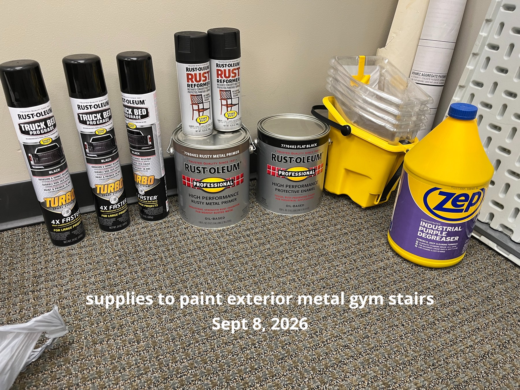 Painting supplies assembled for the west gym stair project